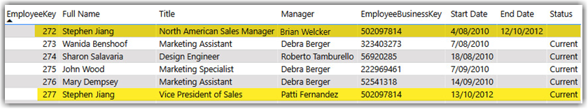 SCD in Power BI, The employee data after Stephen gets promoted