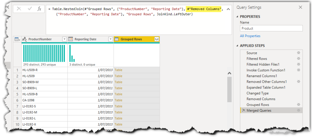 The results of joining the results of the Grouped Rows transformation step by the results of the Removed Columns step in Power Query for Power BI