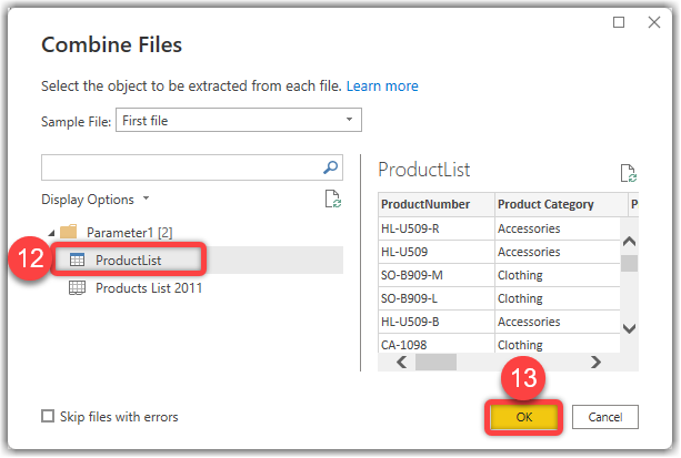 Selecting the object to be extracted from each file on the Combine Files window in Power Query Editor in Power BI
