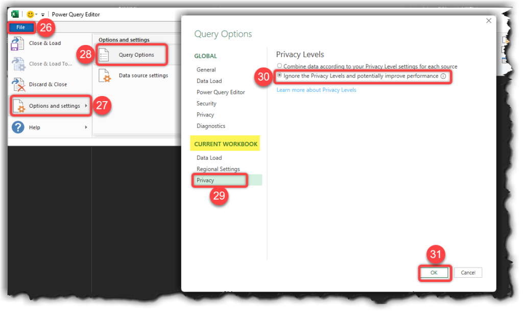 Ignoring the Privacy Levels in Power Query for Excel