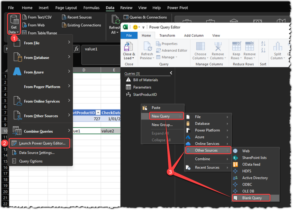 Opening Power Query Editor in Excel and Creating a new Blank Query