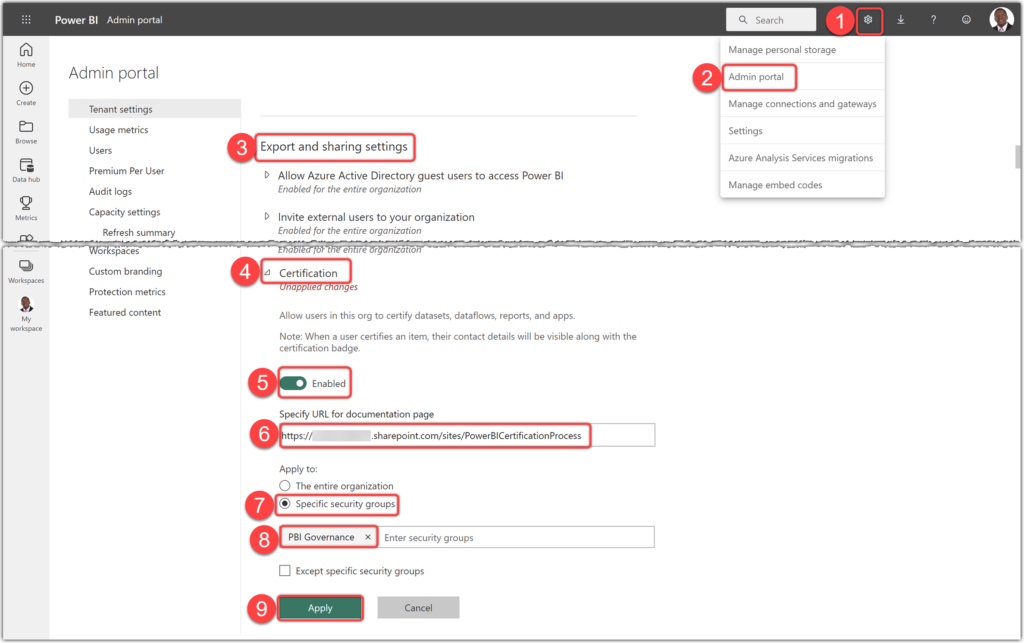 Enabling certification from the Admin Portal in Power BI Service
