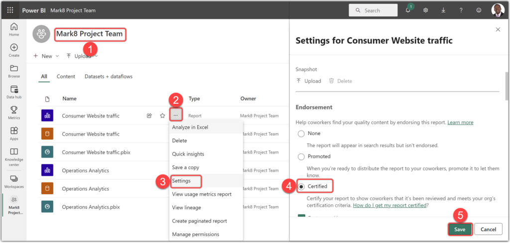 Certifying reports in Power BI Service