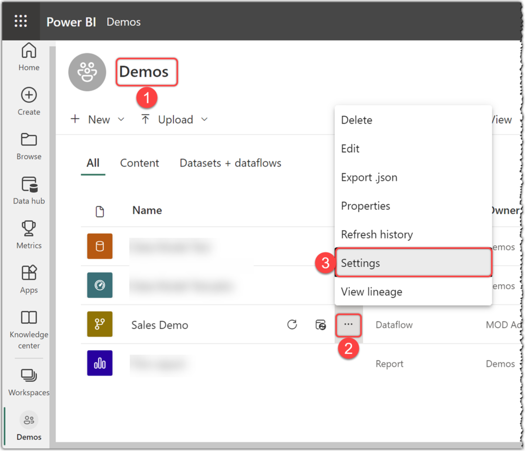 Navigating to dataflow settings in Power BI Service