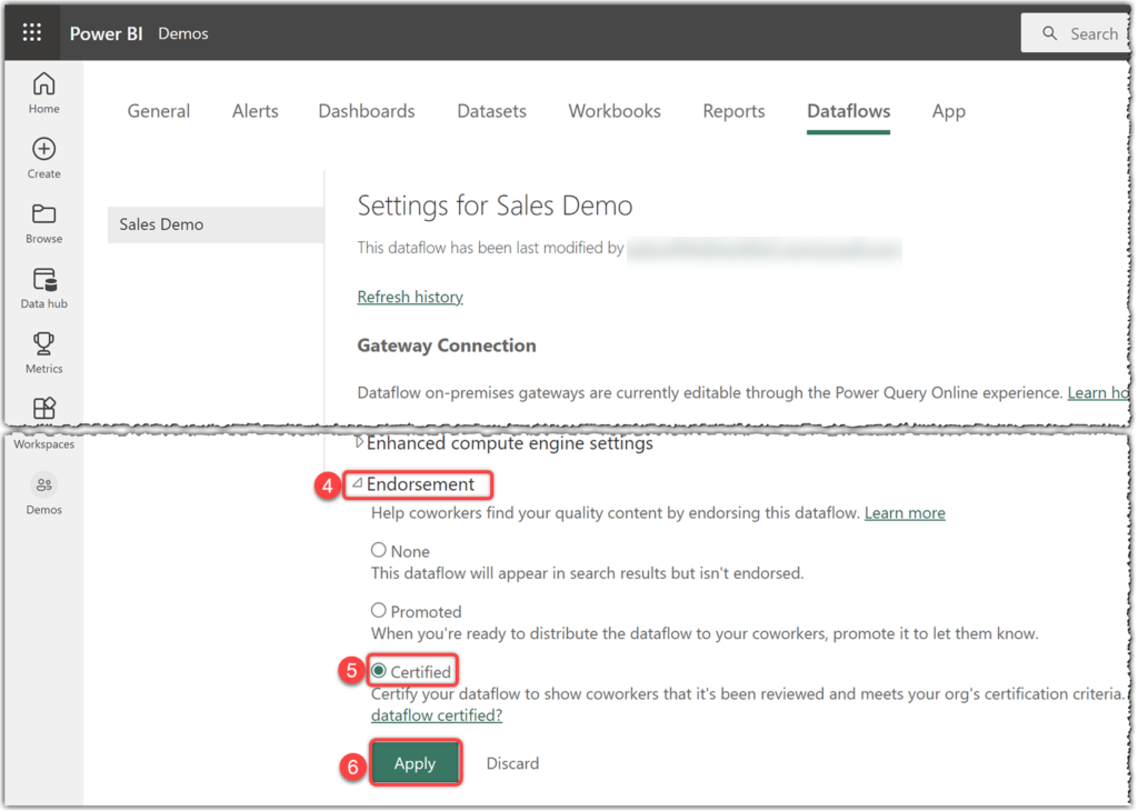 Certifying dataflow in Power BI Service