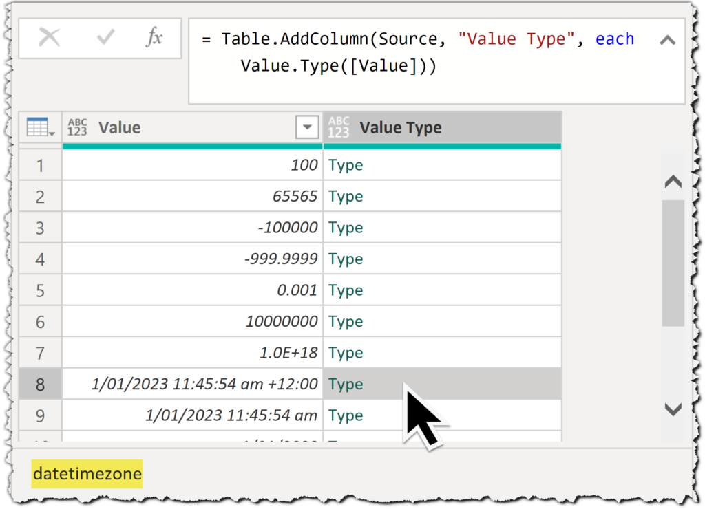 Click on a cell to see its type in Power Query Editor