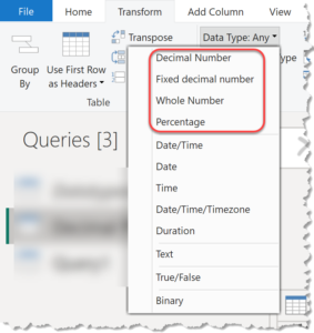 Data type representations in the Power Query Editor's UI