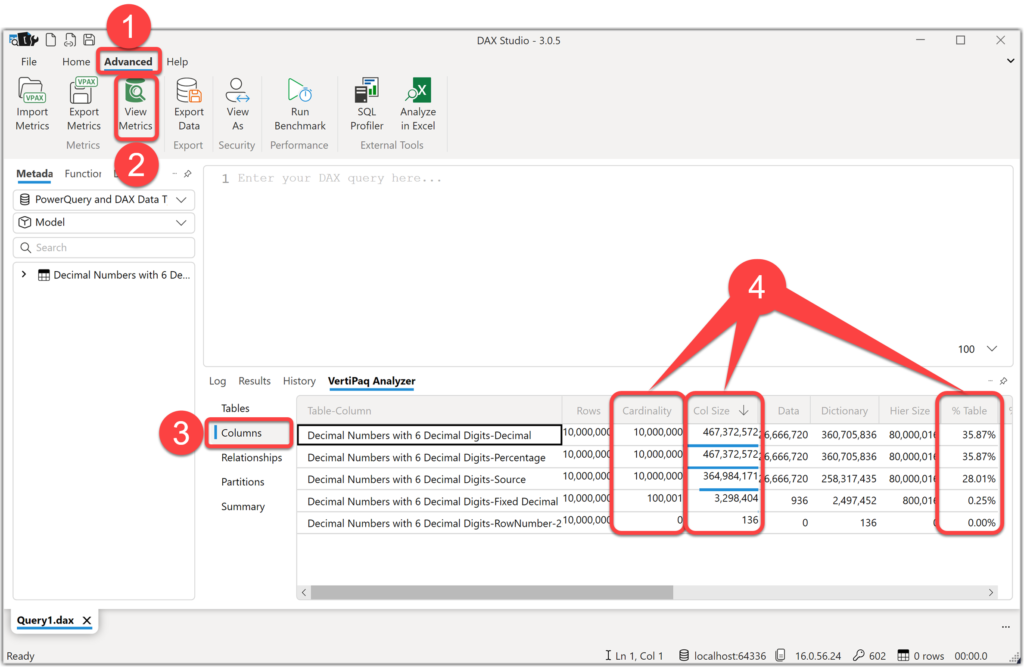 VertiPaq Analyzer Metrics in DAX Studio
