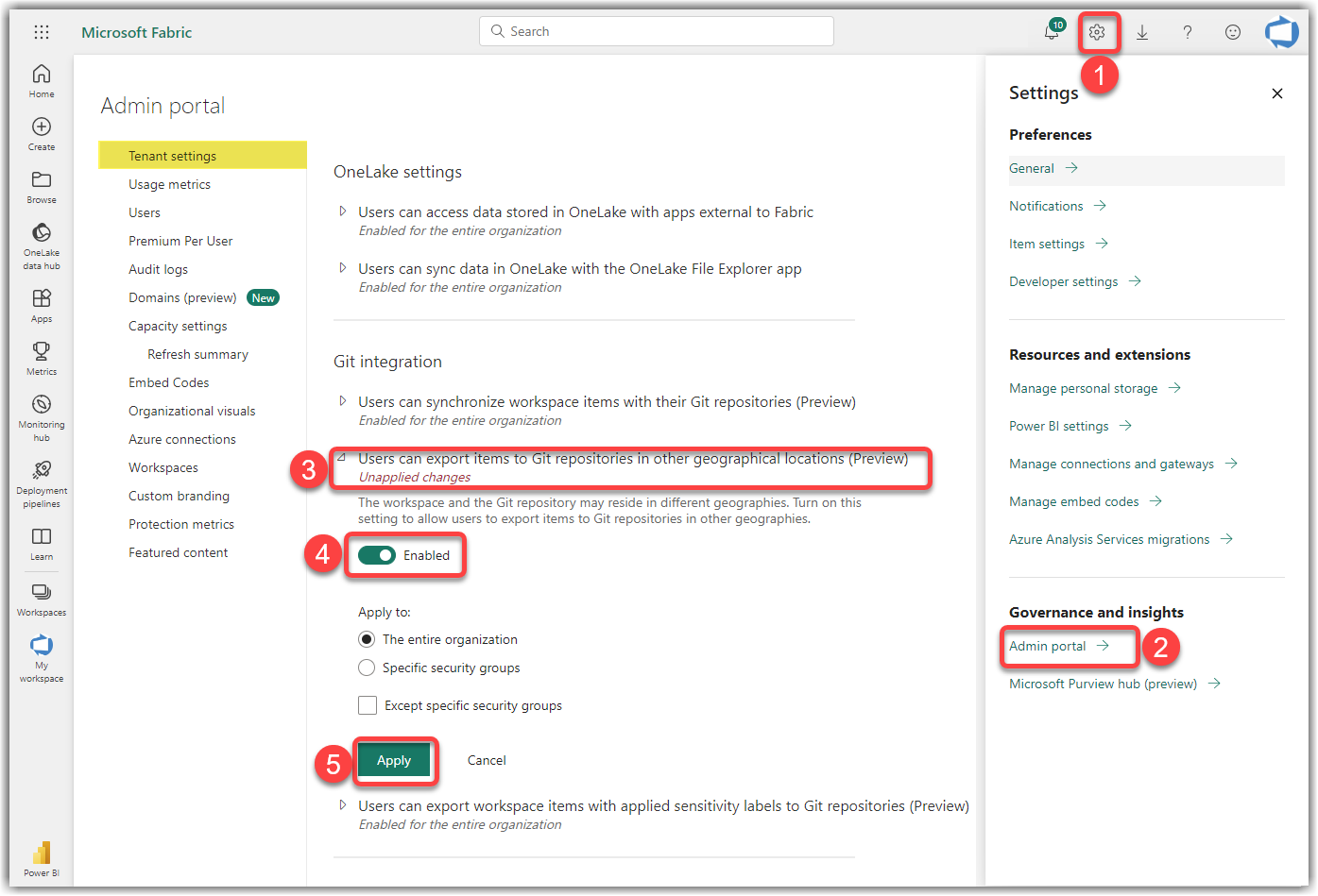 Enabling Users can export items to Git repositories in other geographical locations feature in the Fabric Admin Portal
