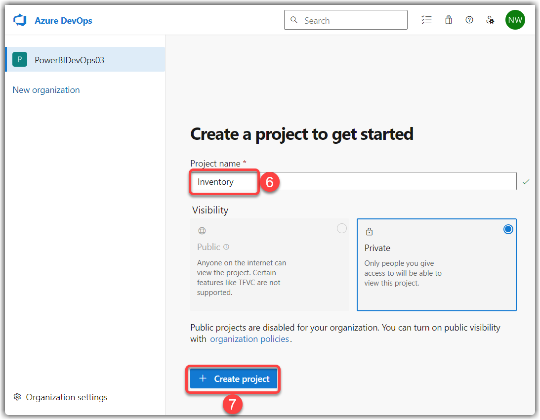 Creating a new project in Azure DevOps