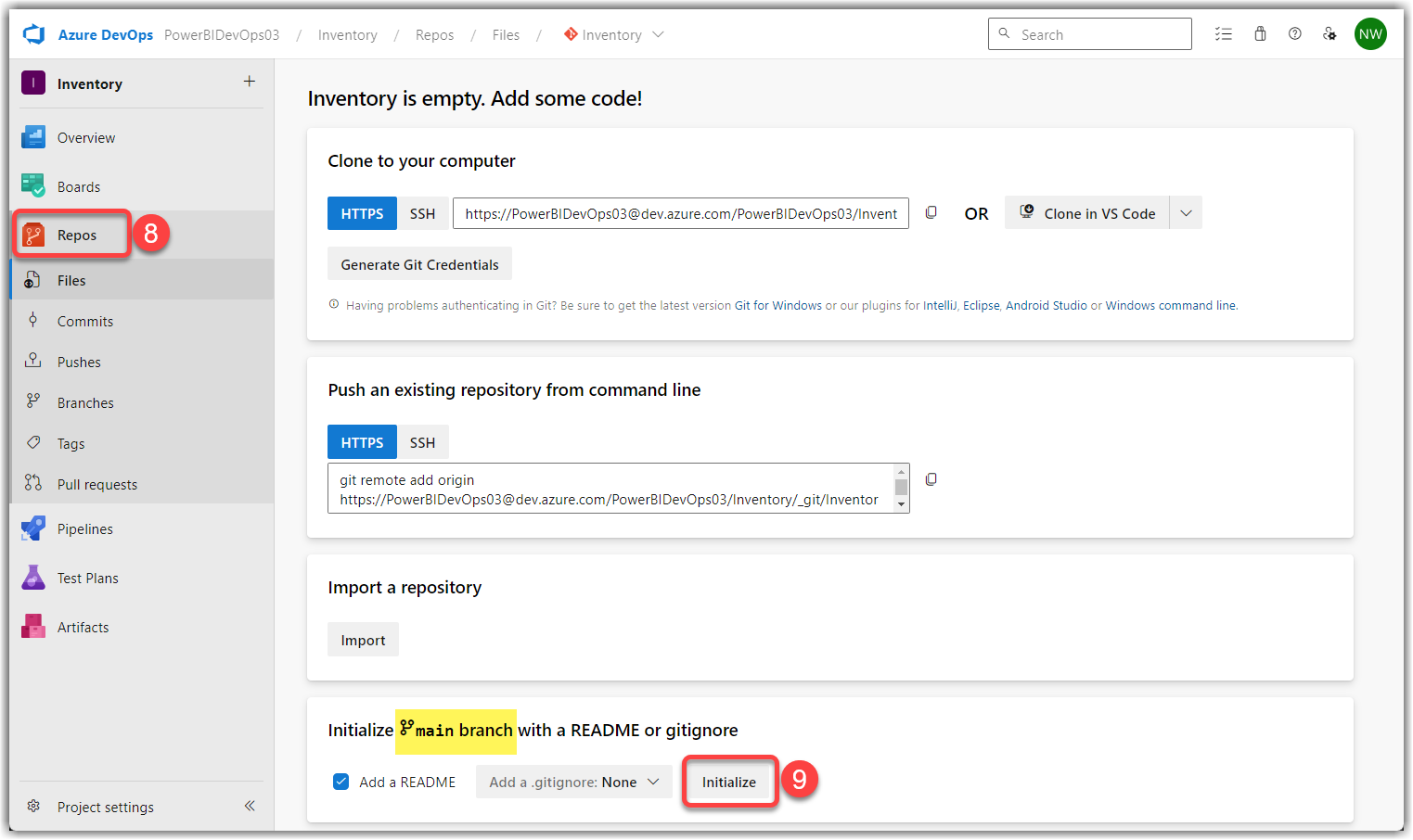 Initialize main branch in an Azure DevOps Repo
