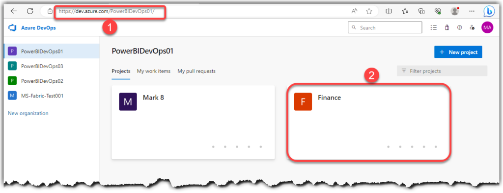 Navigating to Azure DevOps Organization and Project