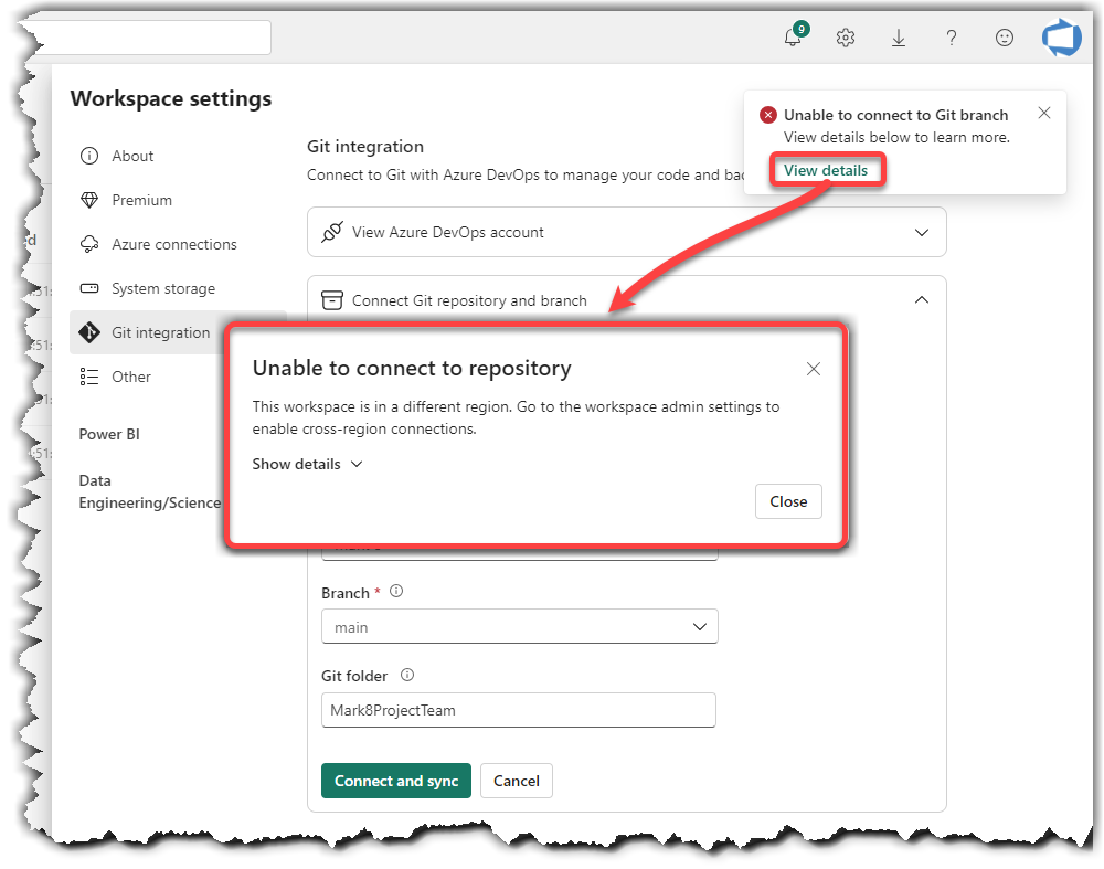 Unable to connect to Git branch. This workspace is in a different region. Go to the workspace admin settings to enable cross-region connections. error in Power BI