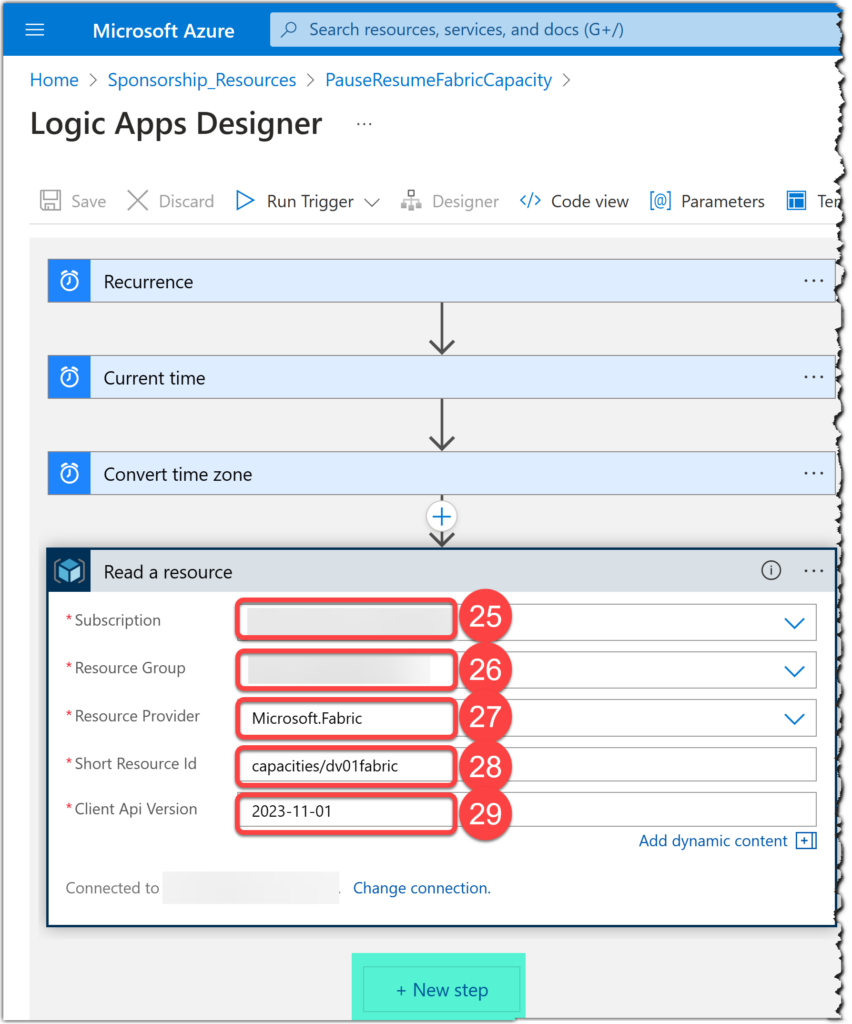 Setting Read a resource action of Azure Resource Manager on Azure Logic Apps