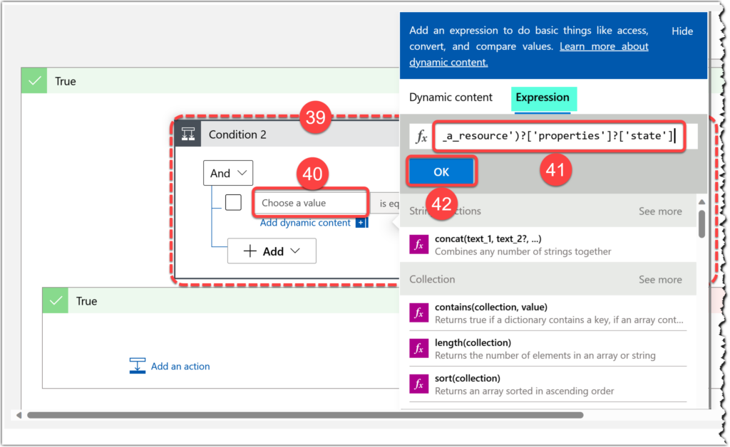 Using an expression in Condition action to read the State part of the Properties within the body of the Read a resource output on Azure Logic Apps