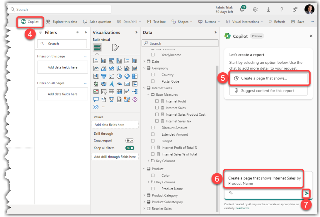 Generating Power BI report with Copilot in Microsoft Fabric