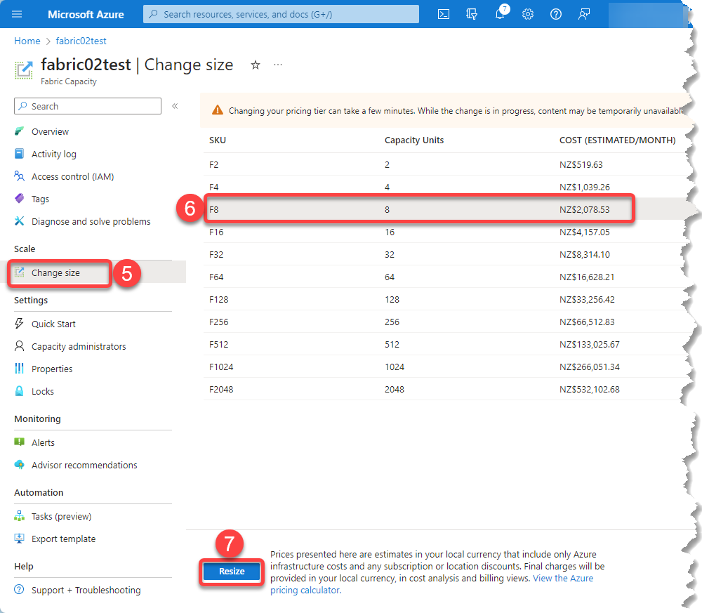 Scaling or resizing Fabric capacities on Azure Portal