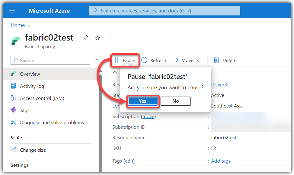 Pause or suspend Fabric capacity on Azure Portal