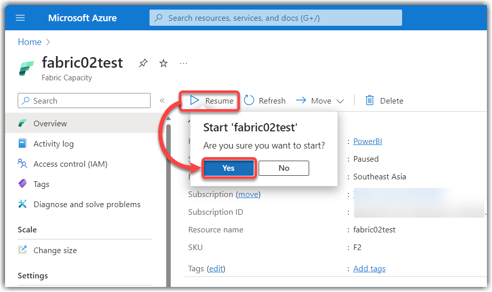 Resume Fabric capacity on Azure Portal