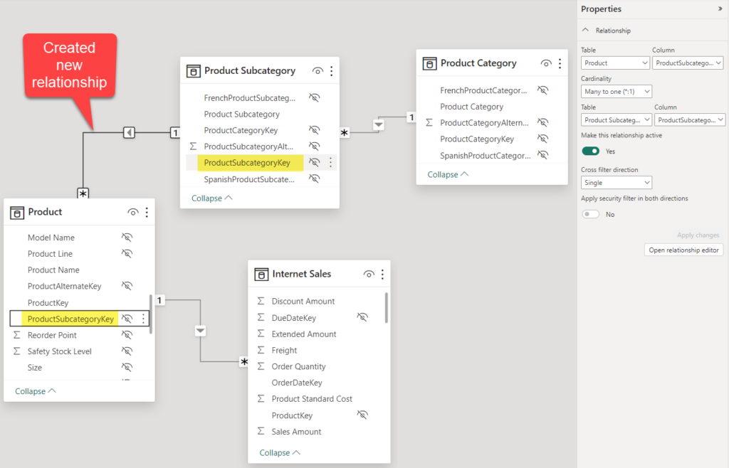 Creating new relationship in a semantic model in Fabric Service (Power BI Online)