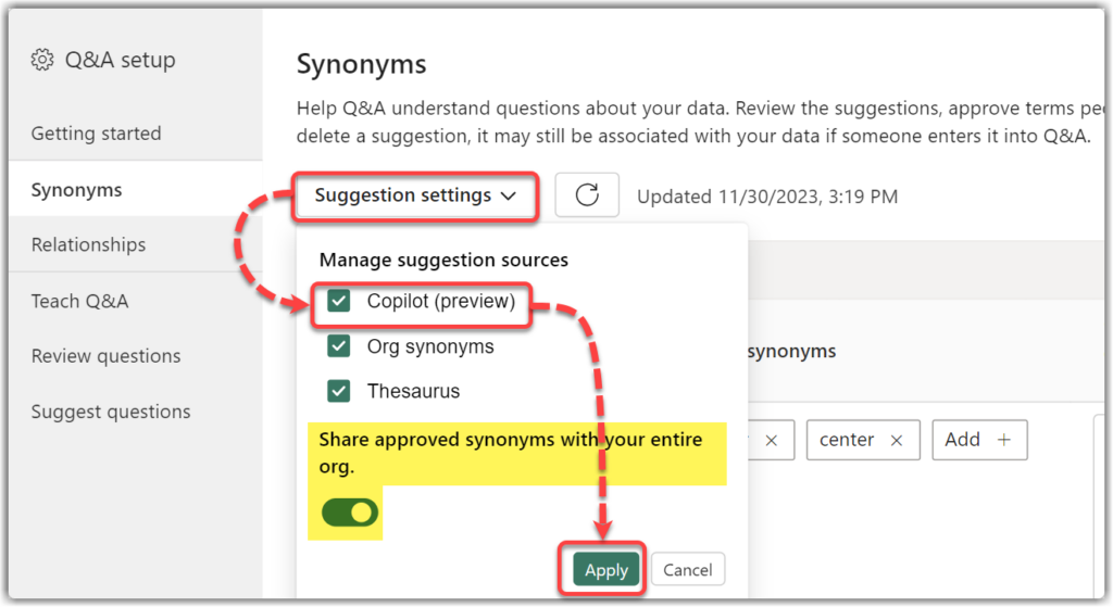 Suggestion settings for synonyms in Q&A setup in Power BI Desktop