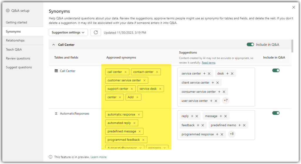 Approved synonyms in the Q&A setup on Power BI Desktop
