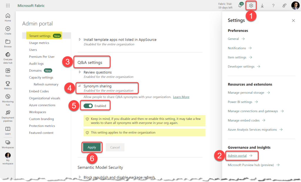 Enabling synonym sharing in the Fabric Admin Portal