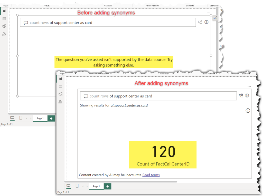 Q&A response before and after adding synonyms using Copilot for Power BI in Microsoft Fabric