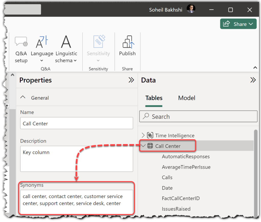 Synonyms in Model view in Power BI Desktop