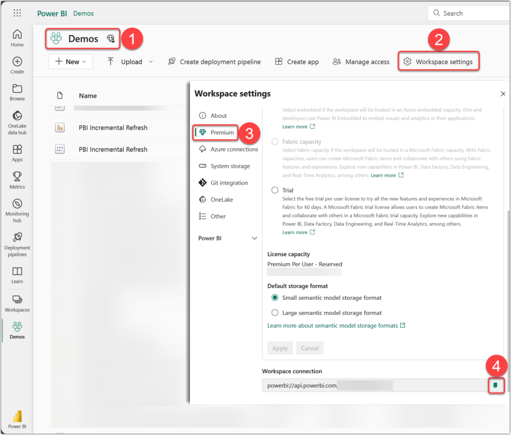Copy a Premium Workspace Connection on Fabric Service