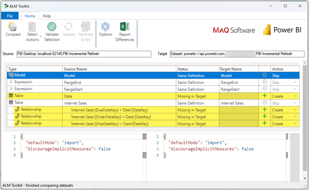 ALM Toolkit detected the differences between a local model on Power BI Desktop and the existing Semantic Model on Fabric