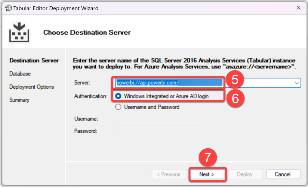 Tabular Editor Deployment, Choose Destination Server