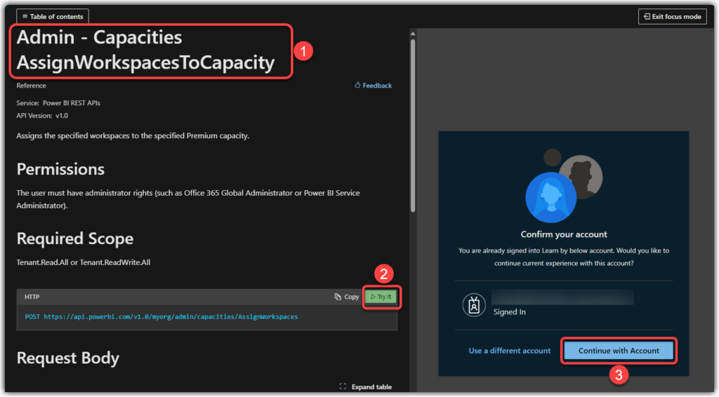 Use Run It button on Power BI REST API documentation