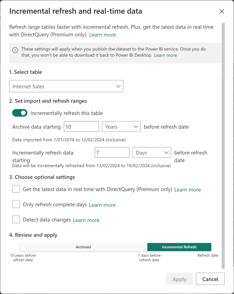 Incremental refresh configuration to keep 10 years of data and refresh the past 7 days