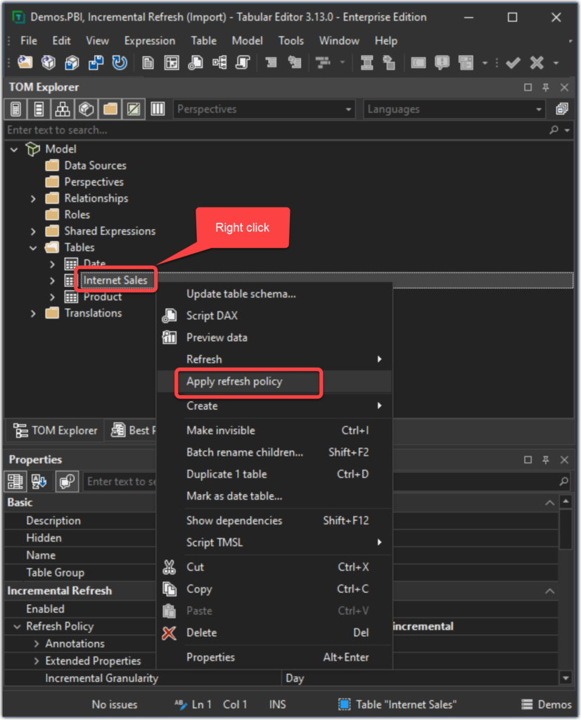 Apply refresh policy on Tabular Editor