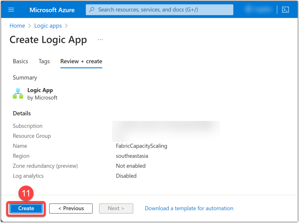Confirm creating new Logic Apps service