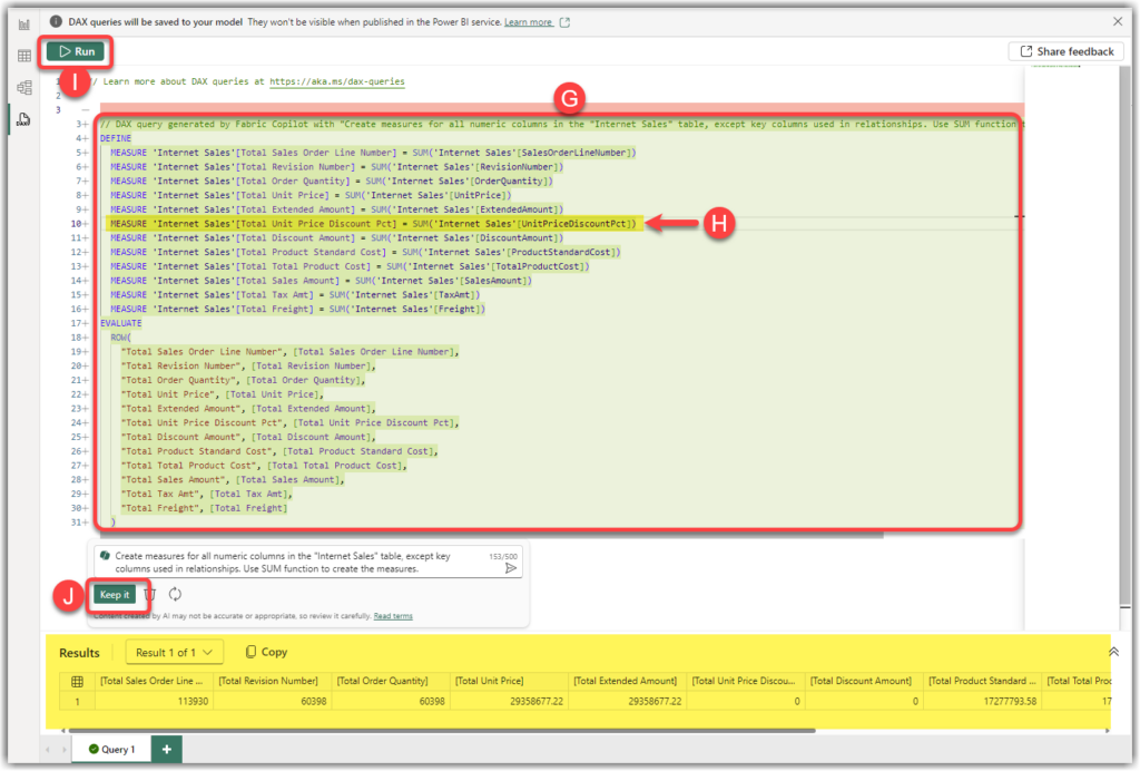 Copilot in Power BI Desktop suggested measures based on our prompt
