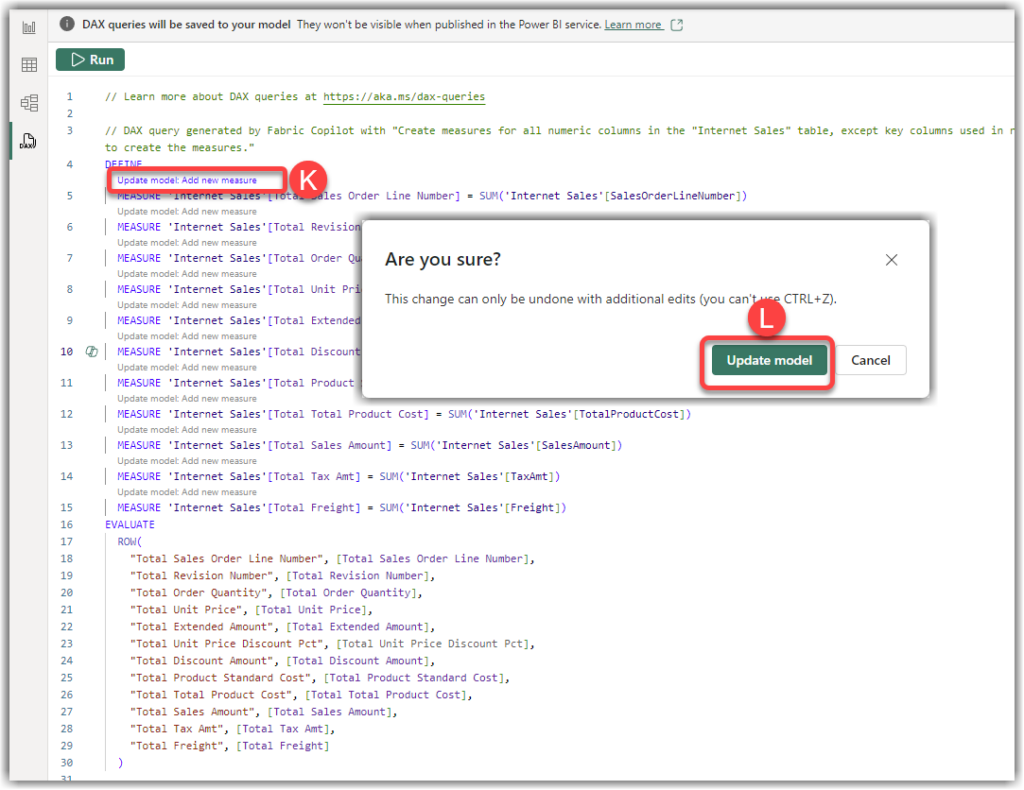 Add the measures generated by Copilot to the data model