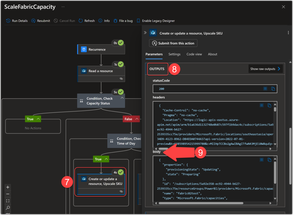 Run History of the Create or update a resource Operation