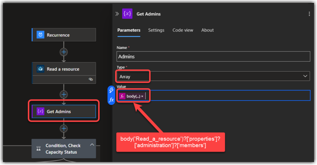 Store Microsoft Fabric Capacity Administration Members data in a Variable in Azure LogicApps