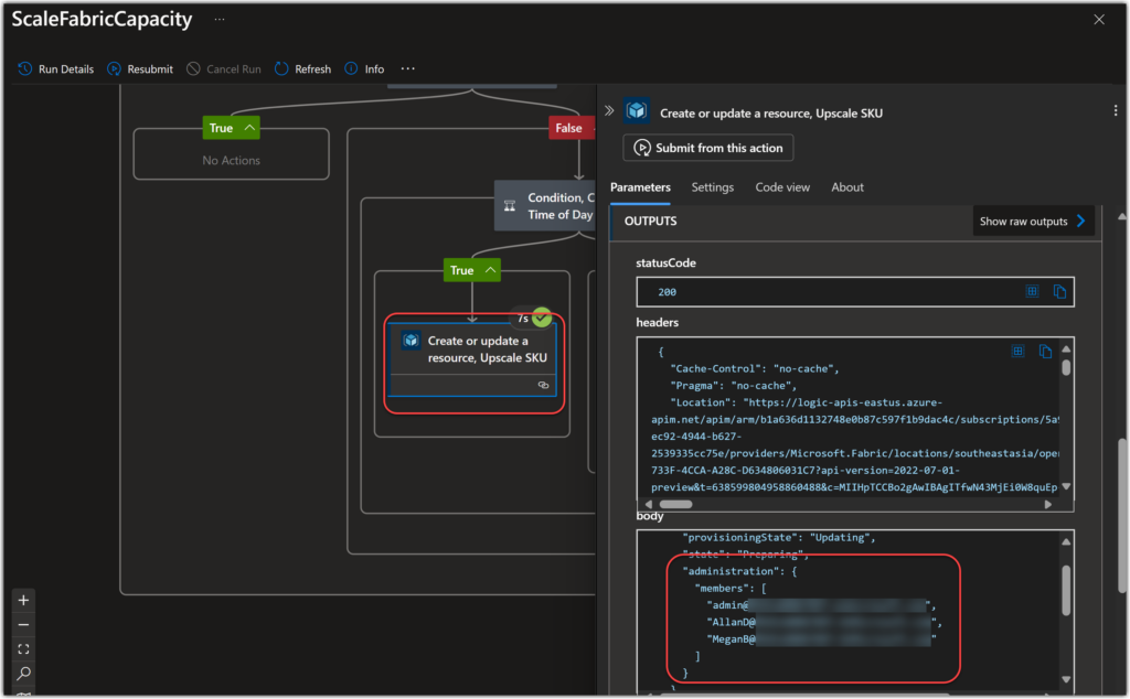Run History of Azure LogicApps shows admin members are successfully added