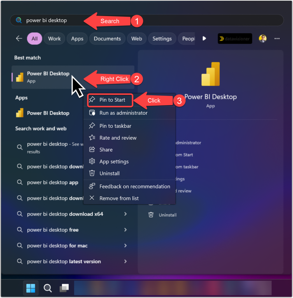 Pin Power BI Desktop to Start