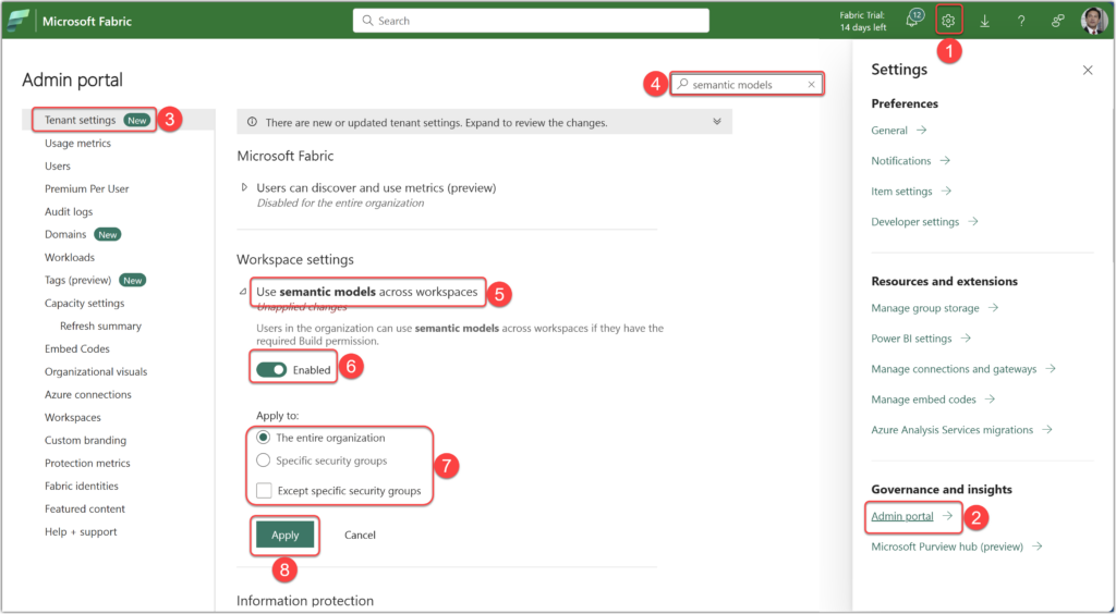 Enable use semantic models across workspaces in Fabric admin portal