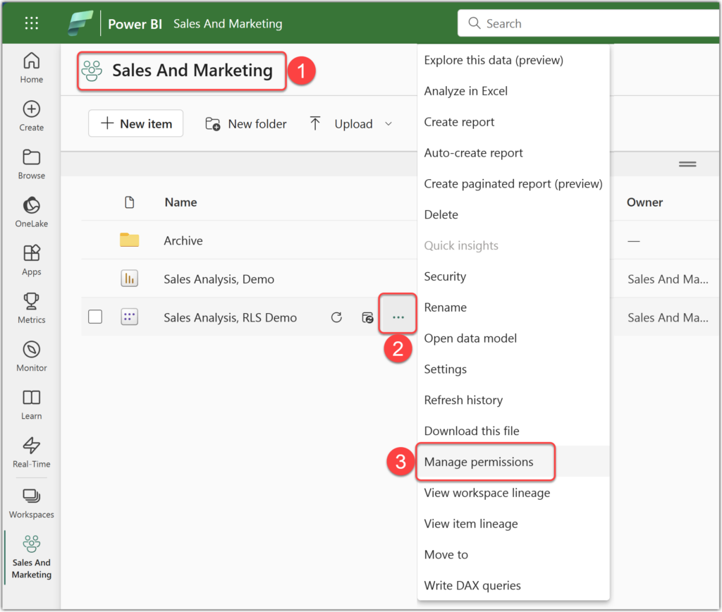Selecting manage permissions for a semantic model
