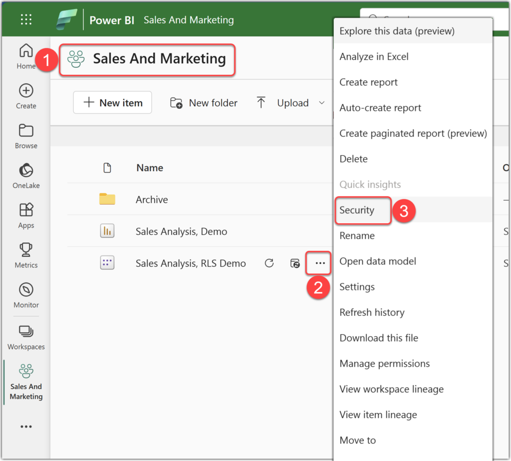 Navigating to semantic model's security settings