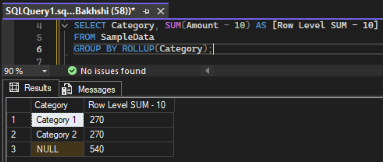 Calculating SUM(Amount - 10) at the row level with Group By and Rollup