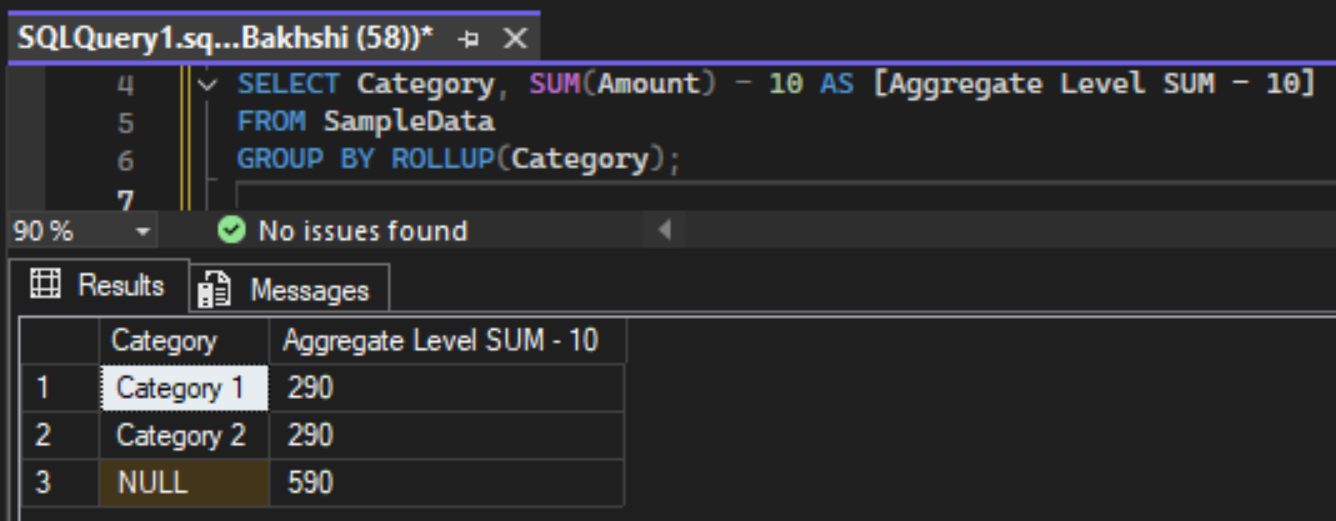 Calculating SUM(Amount) - 10 at the aggregate level with Group By and Rollup