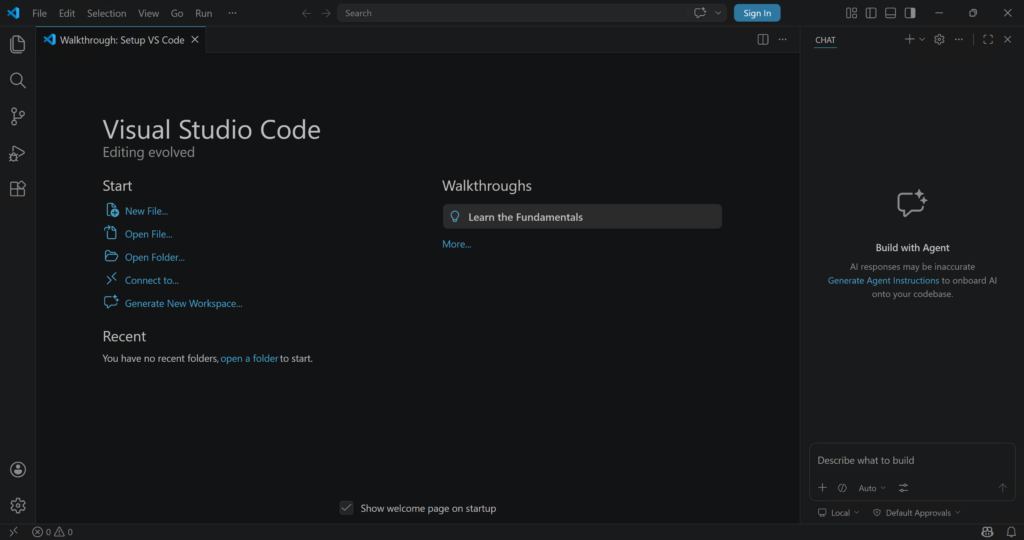 A clean VS Code window ready for setup