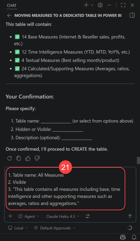 Confirming the Creation of a New Measures Table