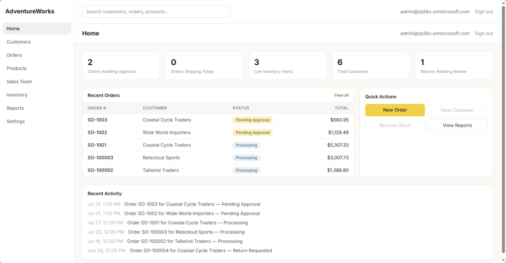Home page of the finished AdventureWorks sales application built as a Microsoft Fabric App